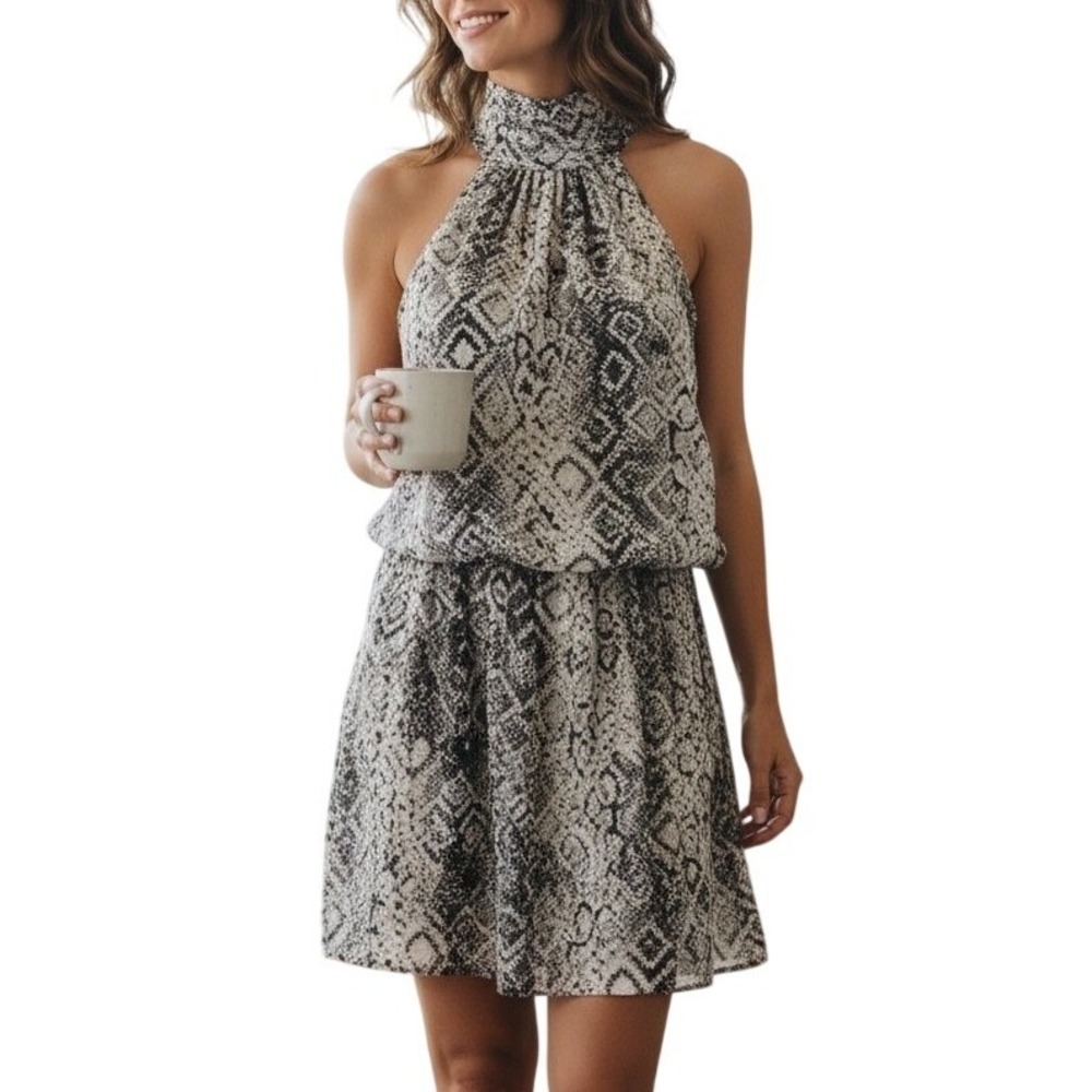 DO+BE Snake Print Halter Mini‎ Dress Womens Small Gray Black Smocked Boho Edgy